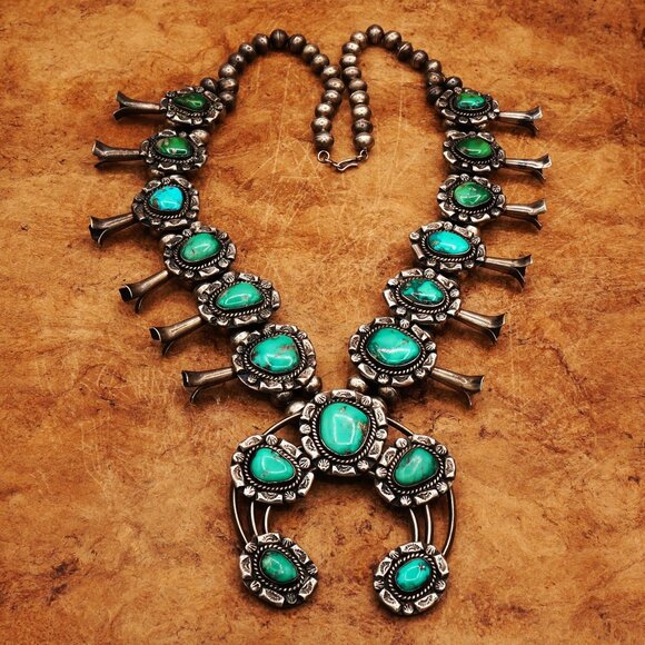 Unique Vintage Native Navajo Turquoise Squash Blossom Ornate Silver Necklace 27" - Picture 1 of 13